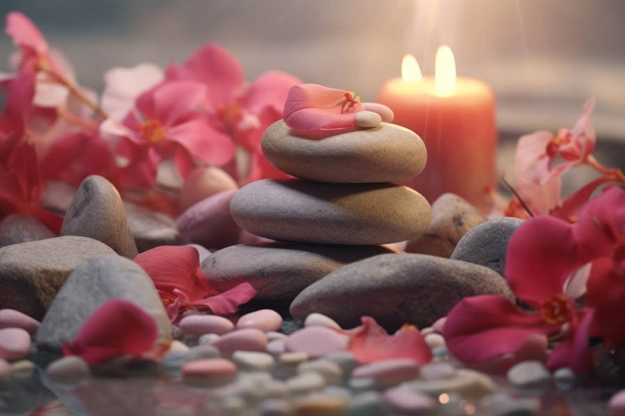 roses, stones and candles specific the luxurious environment of a spa
